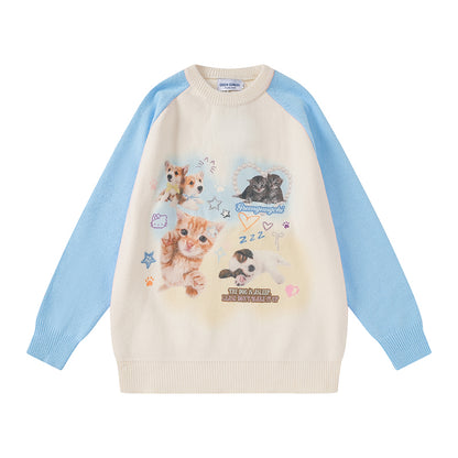 Serendipity Cute Animals Cats Dogs Raglan Pink Blue Black Knit Sweater Shirt