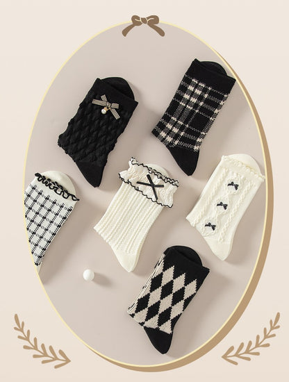 Gothic Black & White Bow Argyle Pattern Cotton Socks 6 Patterns Pairs Sets