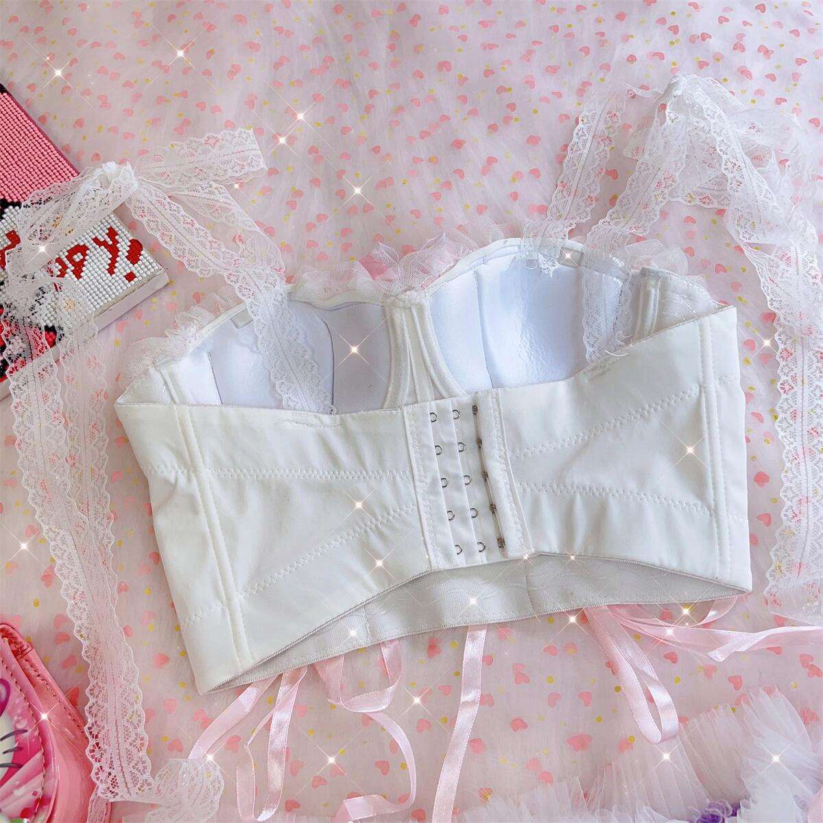 Coquette Sexy Millennial Girl Kitty Lace White Camisole & Skirt Two Piece Set