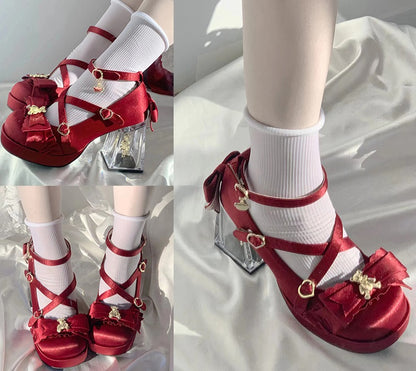 Moeka Chan Lolita Red Dream Bear Transparent Glass High Heels Shoes