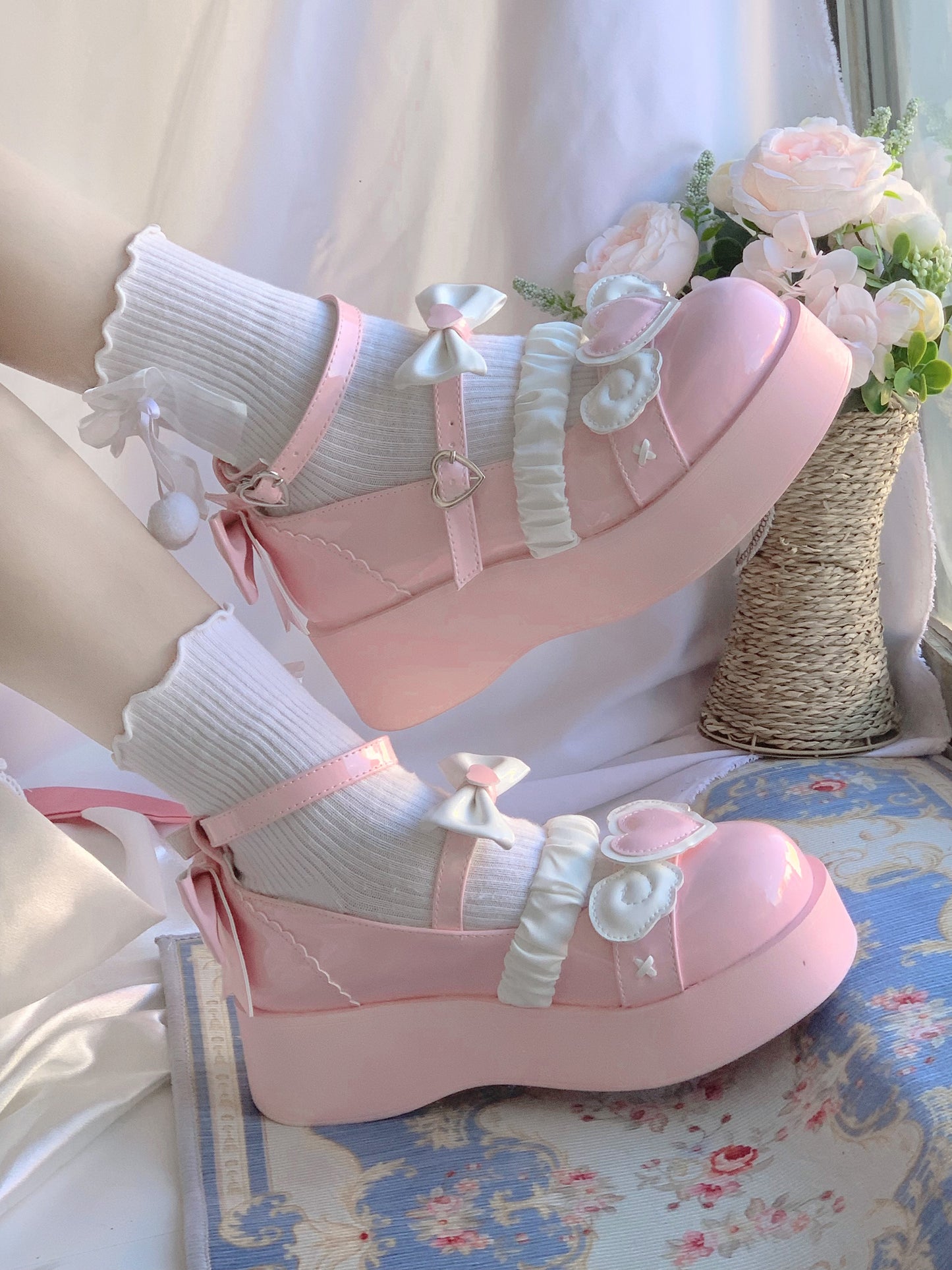 Love Letter Sweet Cupid Lolita Heart Black Pink Blue Beige Mary Jane Shoes