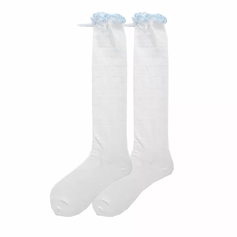 Sweet Bow Lolita Cotton White Pink Blue Calf & Over the Knee Socks