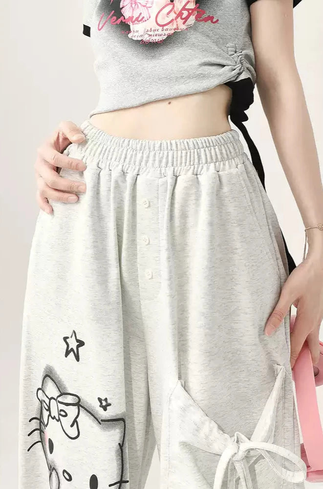 Young Eyes Graffiti Kitty Cat Pink Gray Elastic Gathered Waist Pants