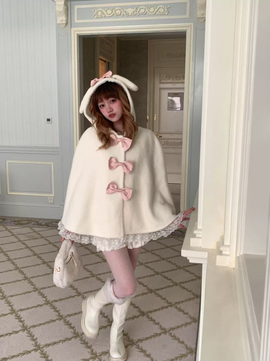 Picnic Girl White & Pink Snow Rabbit Hooded Cape