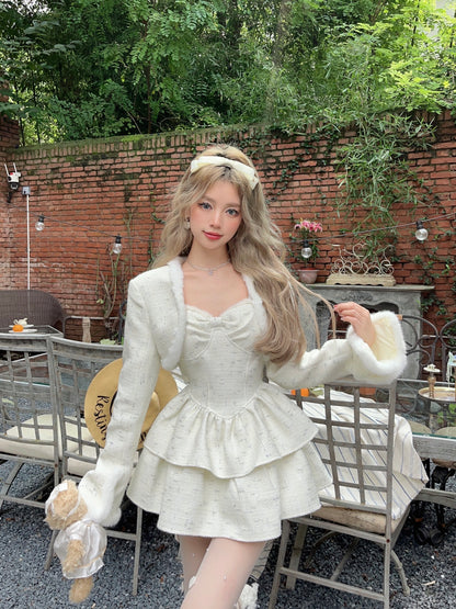 Monet Autumn Milky White Woolen Princess Tweed Dress & Jacket Two Piece Set