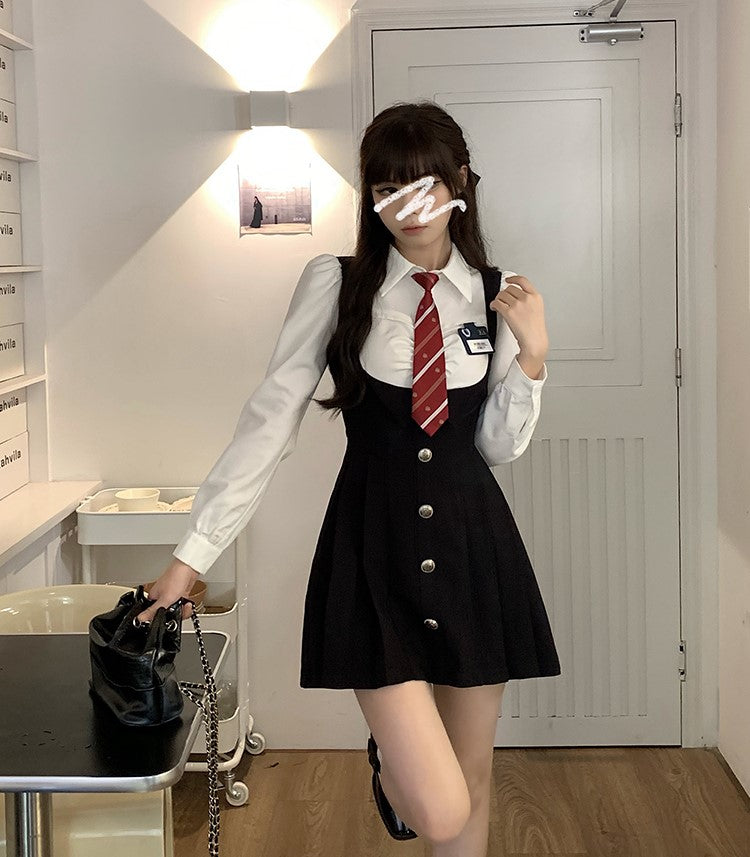 Monet Campus Heroine Dark Academia Fall Navy Blue Fake Two Piece Suspender Dress