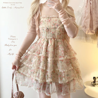 Dormir Doll Floral Rose Ruffled Pearl Strap Dress