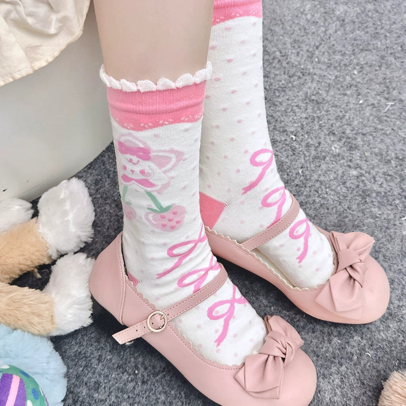 Chibi Strawberry Rabbit Pink White Lolita Socks