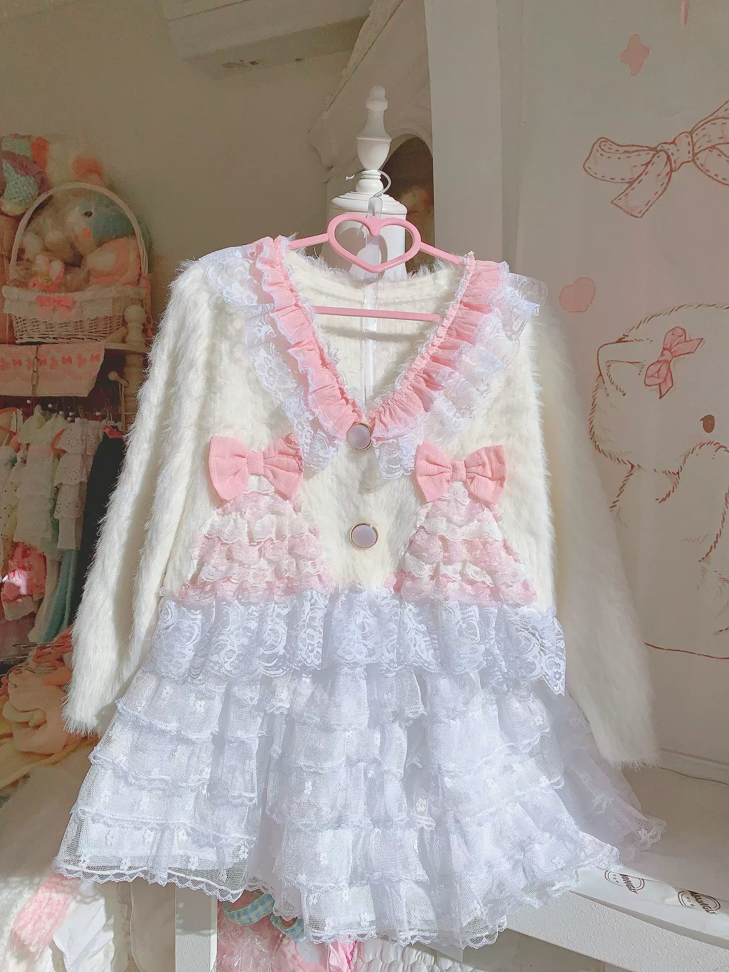 Candy Fairy Spring Lady Lace Knit White Pink Cardigan