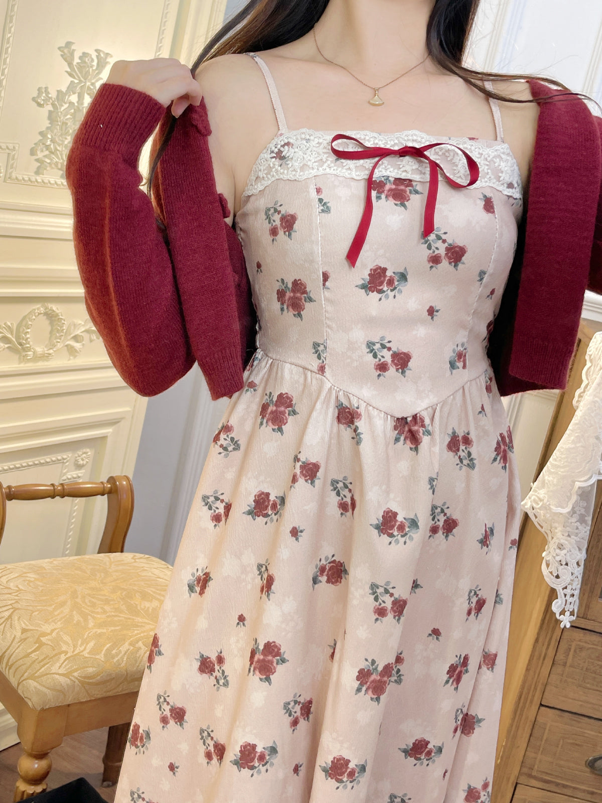 Ruellia Rose Floral White Strap Dress Pink Red Cardigan Two Piece Set