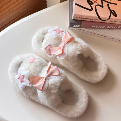 Star Heart Love Pink Bow Plush Fluff Slippers Shoes