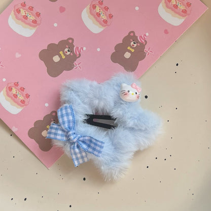 Y2K Star Plush Plaid Blue Pink Kitty Cat Hair Clip Hair Accessories