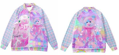 Y2K Bear Rainbow Retro Style Cute Baseball Zipper Jacket