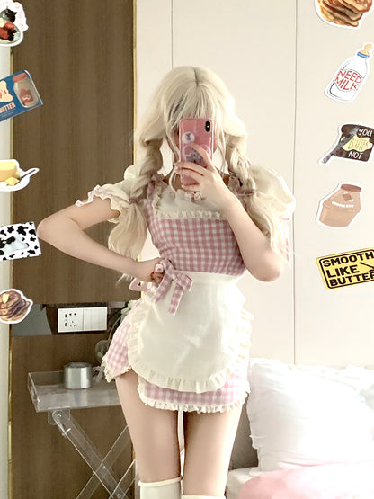 Serendipity Coquette Sweet Girl Cream Puff Sleeve Shirt & Plaid Pink Suspender Strap Dress Apron Maid Two Piece Set