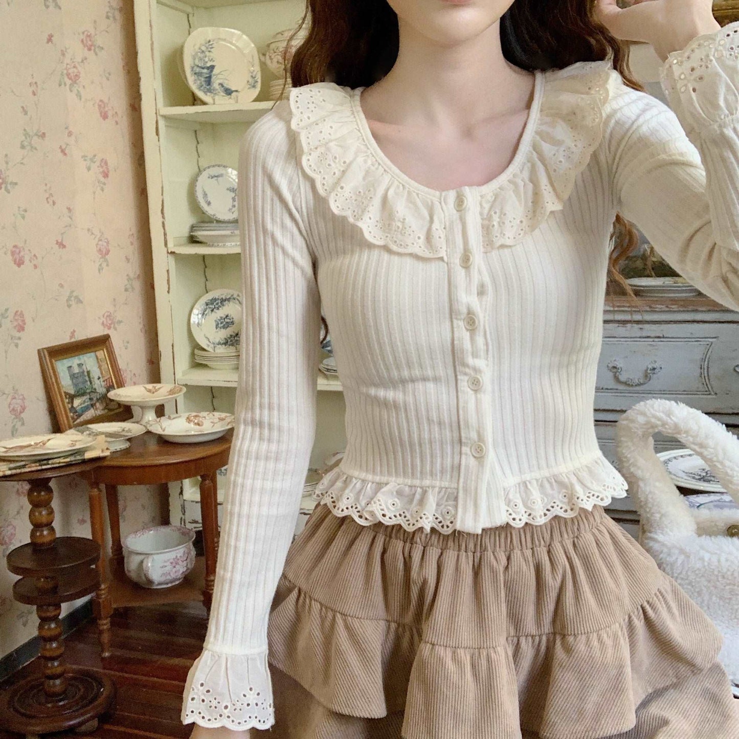 Coquette Vintage Cottagecore Frill Ruffled Lace Collar Cream Pink Top Shirt