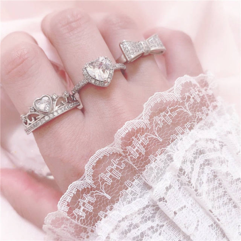 Pink Silver Love Bow Rhinestone Diamond Crown Ring Collection Set Accessories Jewerly