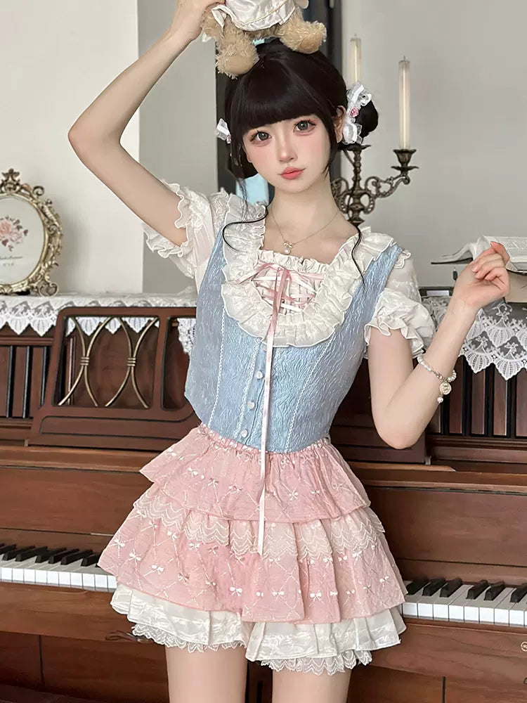 Serendipity Cream Frost White Blouse Top & Blue Vest & Pink Skirt Three Piece Set