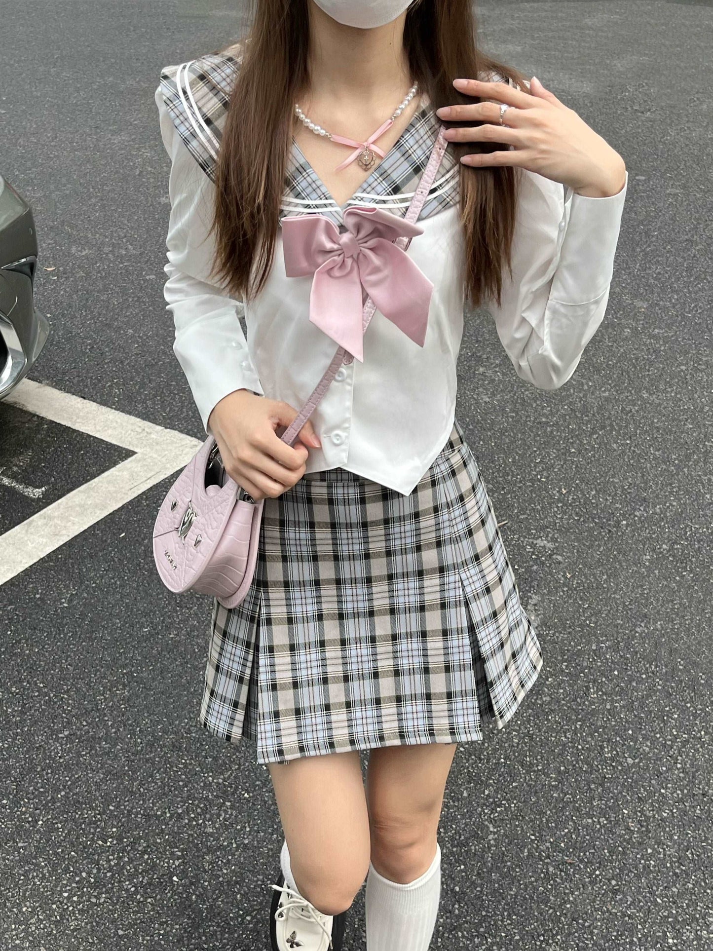 Academia Sailor Collar Uniform Gray Plaid Shirt Knit Cardigan Mini Skirt Three Piece Set