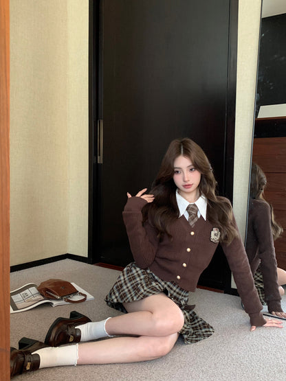 Monet Academia Busan Art Student Brown Cardigan & White T Shirt & Plaid Skirt Three Piece Set