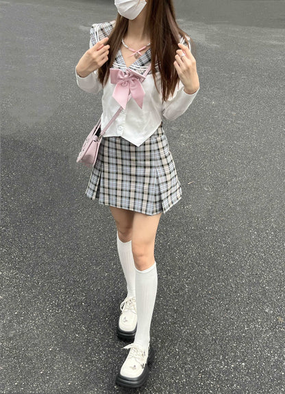 Academia Sailor Collar Uniform Gray Plaid Shirt Knit Cardigan Mini Skirt Three Piece Set