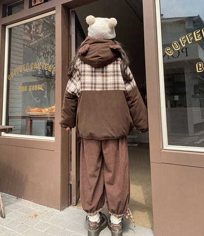 Plaid Retro Winter Plush Bear Ears Corduroy Coat