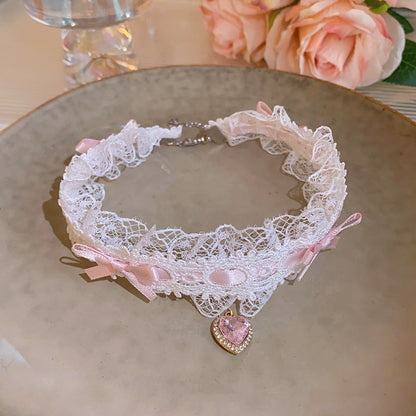 Lace Heart Pendant Pink Black Coquette Necklace Choker Collar