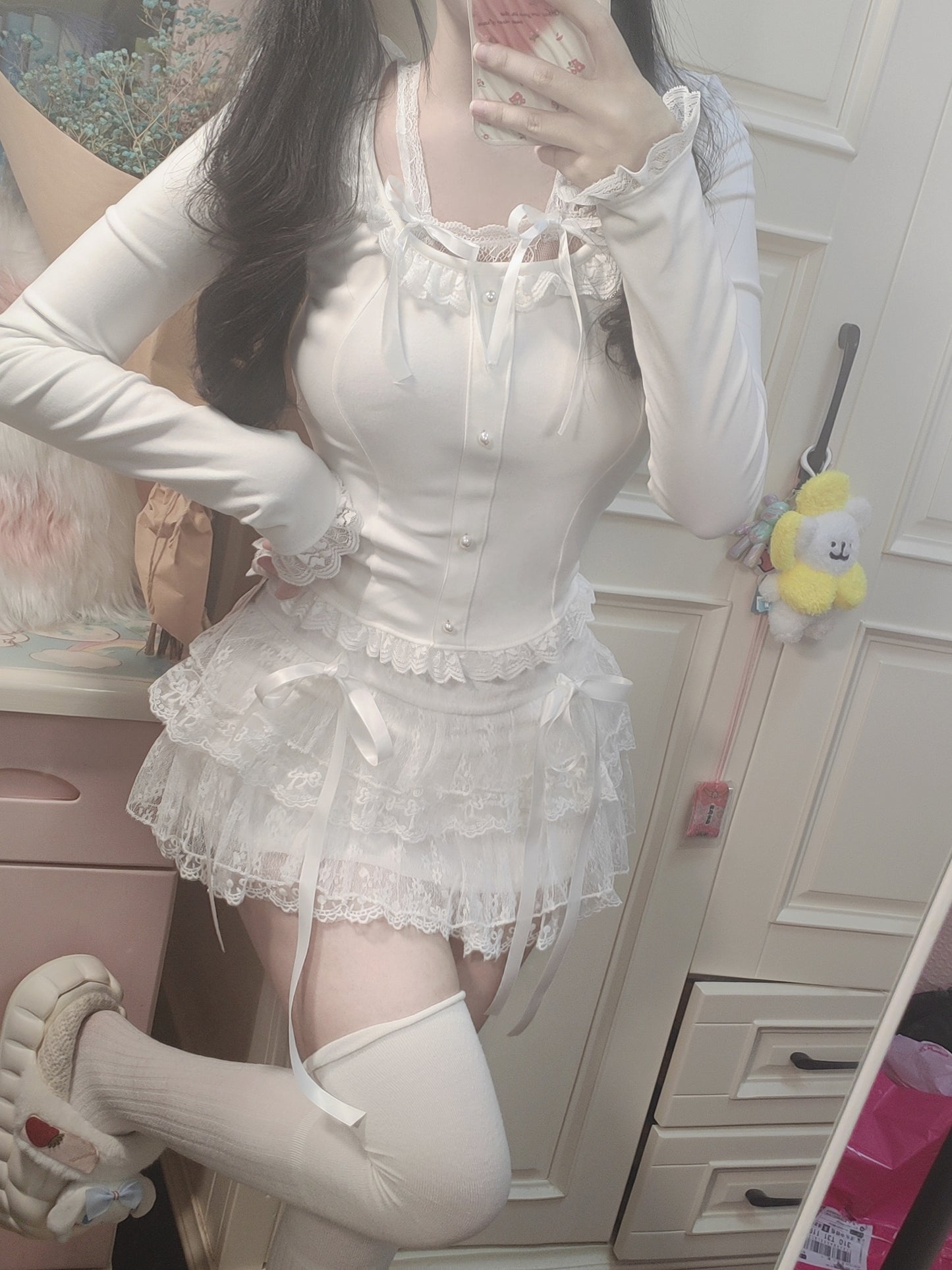 White Bow Lace Coquette Angel Square Neck Shirt Top