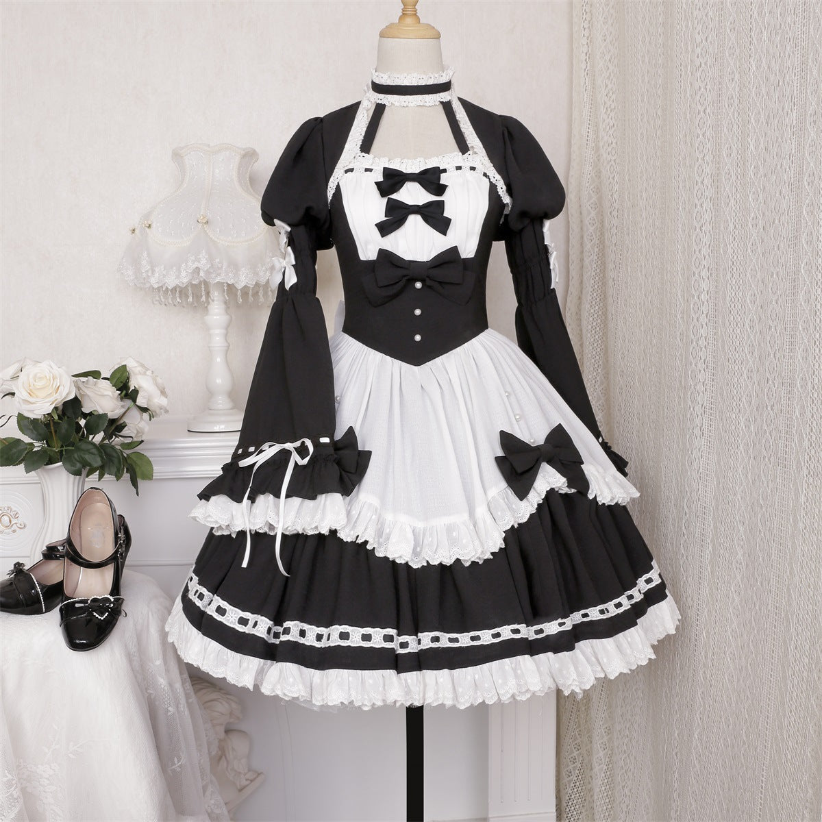 Gothic Dark Maid Cosplay EGL Black White Elegant Bow Dress & Jacket Two Piece Set