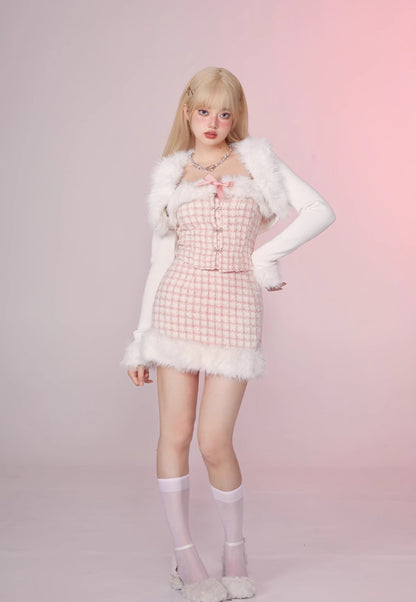 Fancy Girl Anna Winter Pink Tweed Fur Plush Tube Top & Skirt & White Cardigan Three Piece Set