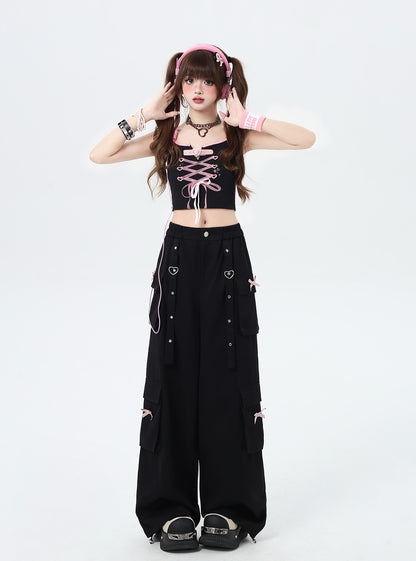 Crazy Girl Heart Strap Pink Black Elastic Waist Pants