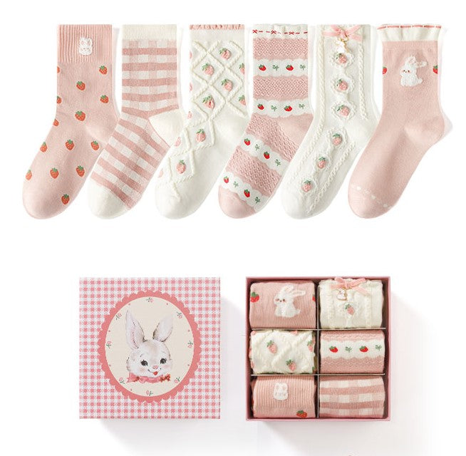 Pink Strawberry Rabbit Cute Cotton Socks 6 Patterns Pairs Sets