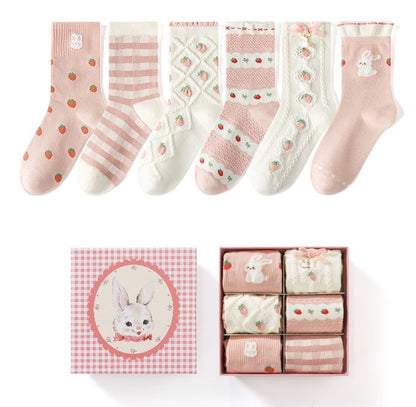 Pink Strawberry Rabbit Cute Cotton Socks 6 Patterns Pairs Sets