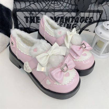 Winter Plush Lolita Bow Cat White Pink Blue Black Shoes