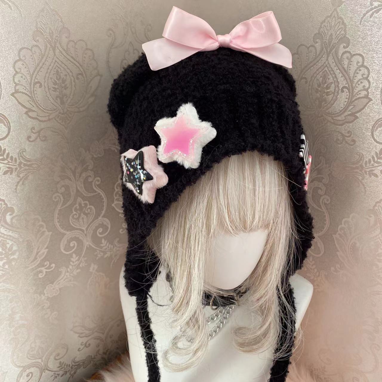 Y2K Lolita Handmade Knit Star Bow Bear Ears Cute Winter Hats Beanie