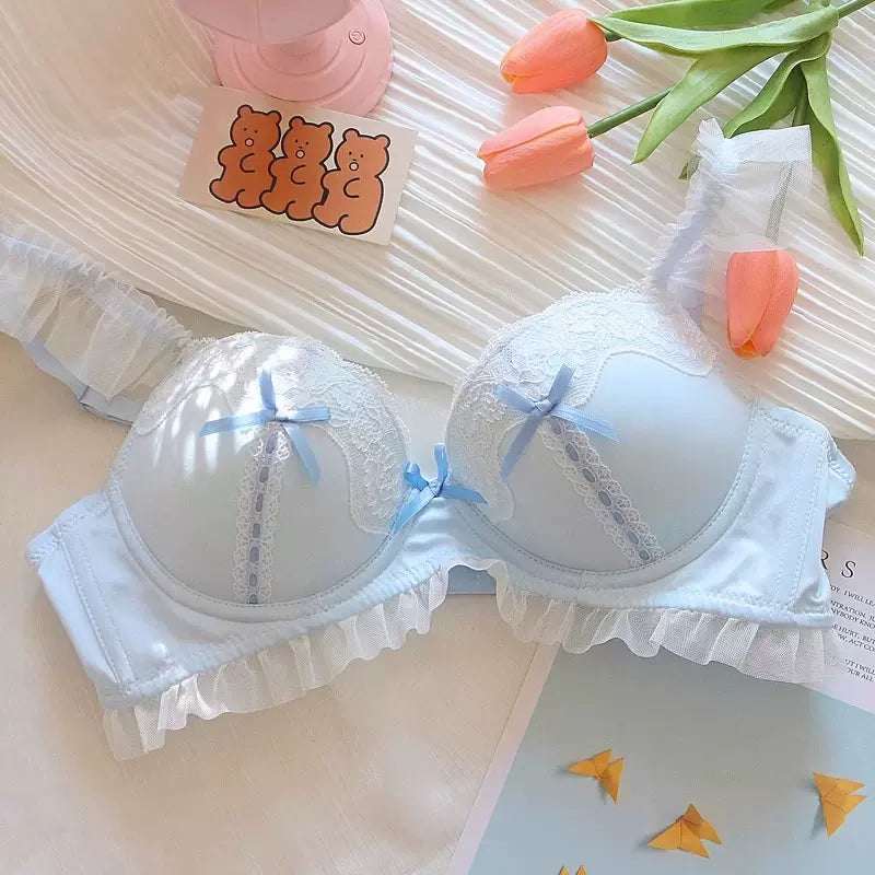 Cute Candy Pink Blue Yellow Lace Bow Underwear Lingerie Bra Panties Set