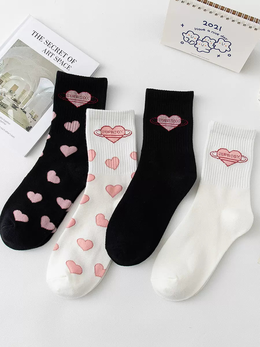 Cute Space Girl Heart Black & White Socks 4 Pairs Set