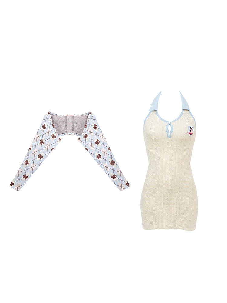 Serendipity Autumn Beige Halter Neck Bodycon Dress & Bear Blue Argyle Jacket Two Piece Set