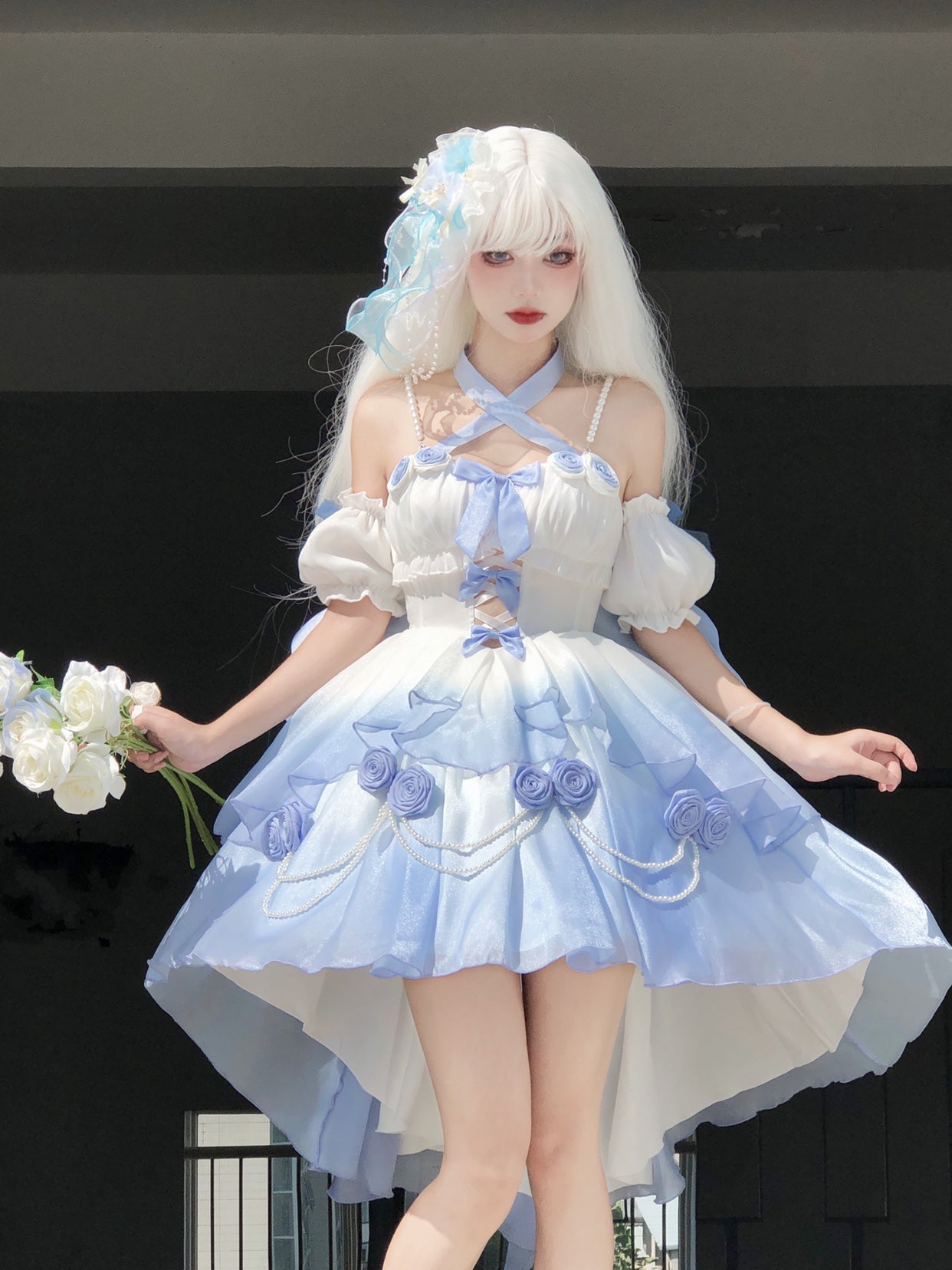 Elsa Lolita Love Goddess PInk Blue Gradient Rose Fairy Prom Dress