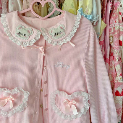 Bear Embroidery Lace Cotton Doll Collar Pink Shirt Blouse