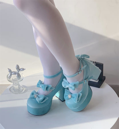 EGL Sweet Velvet Fairy Bow Mary Jane High Heels Shoes