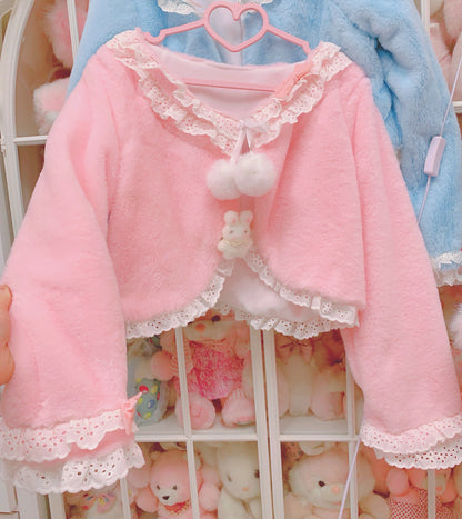 Candy Fairy Pink Blue Lace Sailor Collar Bow Plush Fur Jacket