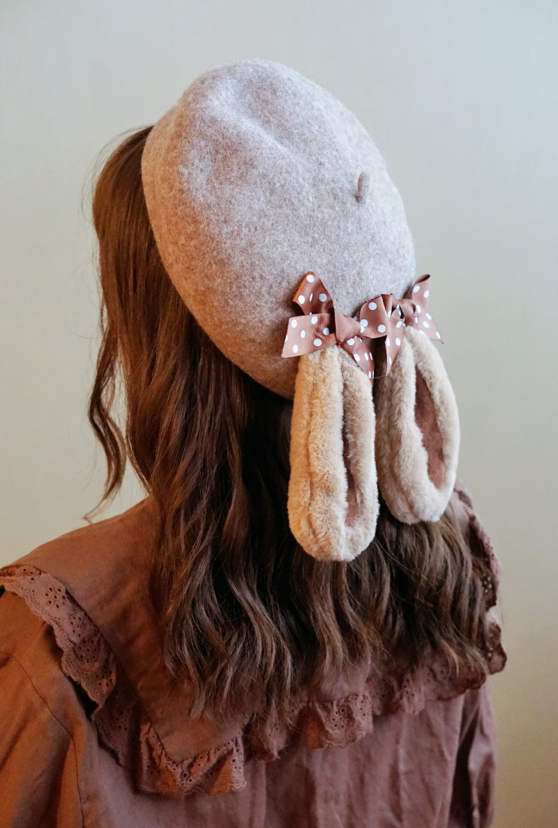 Cute Autumn Fall Handmade Lolita Brown Black Pink Lop Eared Rabbit Polka Dot Bow Wool Beret Hats