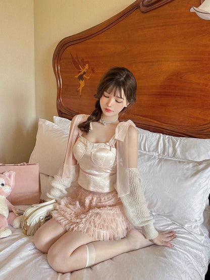 Creamy Sweet Coquette Vintage White Camisole Pink Frill Mini Skirt Pink Cardigan Three Piece Set