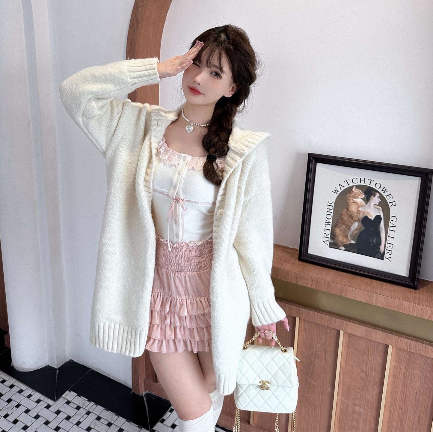 Creamy Sweet Coquette Lace U Neck White Shirt Pink Cake Skirt Two Piece Set