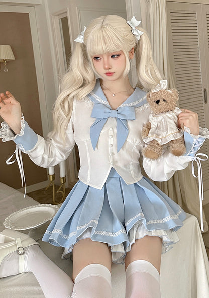 Serendipity Seifuku Sailor School Uniform Pastel Blue White Blouse Shirt & Skirt Two Piece Set