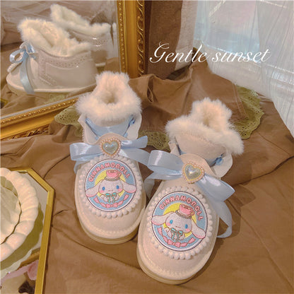 Pinky Coquette Cinnamon Dog Blue Bow Heart Winter Snow Cream Short Boots