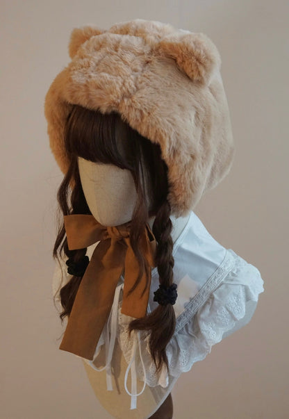 Cute Autumn Fall Handmade Original Faux Imitation Fur Plush Lolita Bear Ears Hats