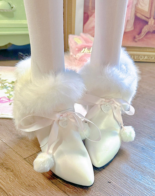 Pinky Sweet Princess Fur Plush Pompom Balls White Short Pointed Toe Boots Shoes