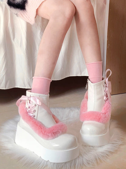 Stars Crown Lolita Winter Fur Pink White Black Platform Boots