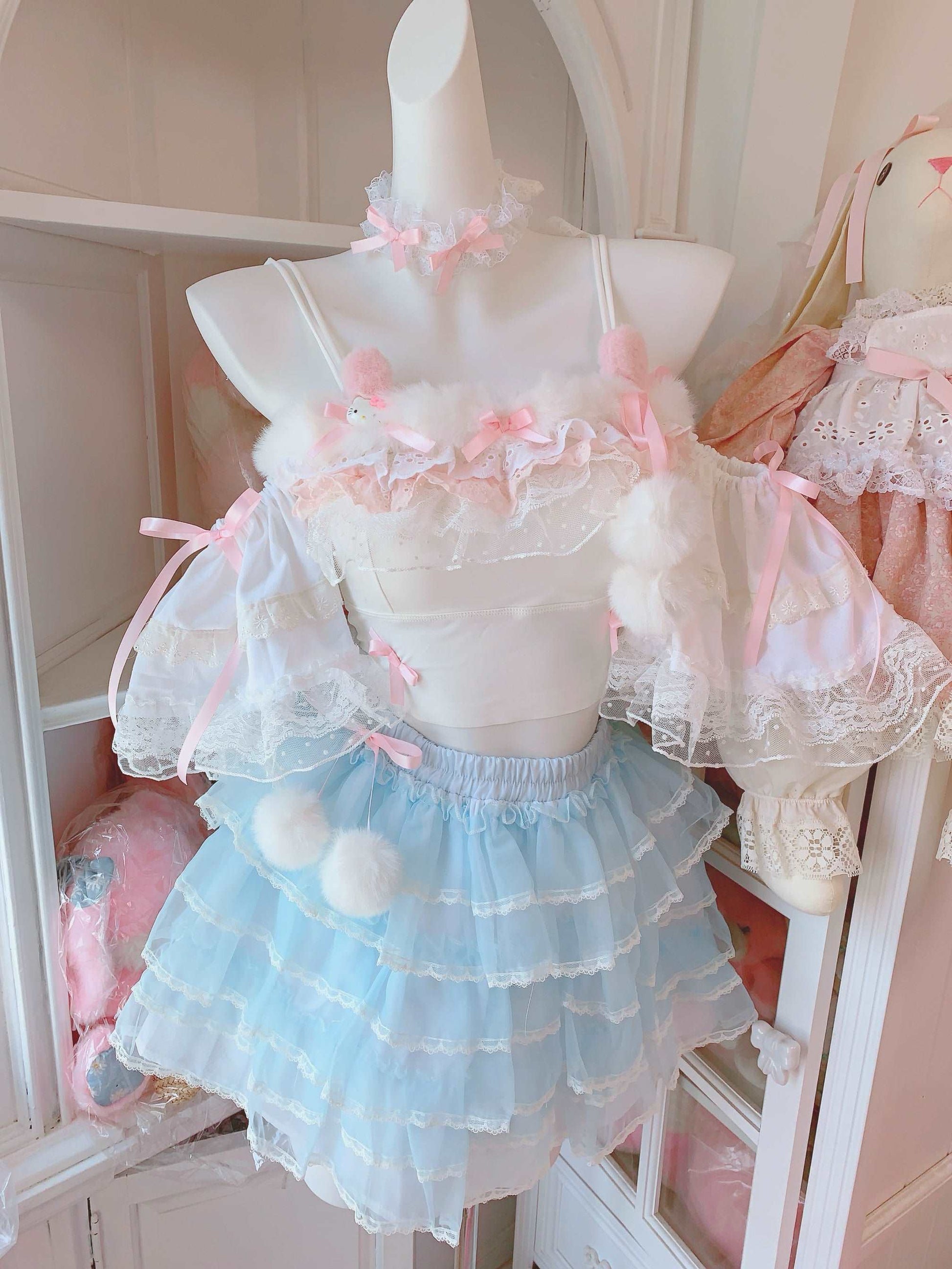 Candy Fairy Sweet White Camisole Top & Blue Ruffle Skirt Two Piece Set